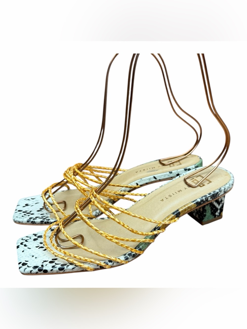 E8 by Miista Strappy size 8.5 Gold Braided Sandals with Snake-Print Heel